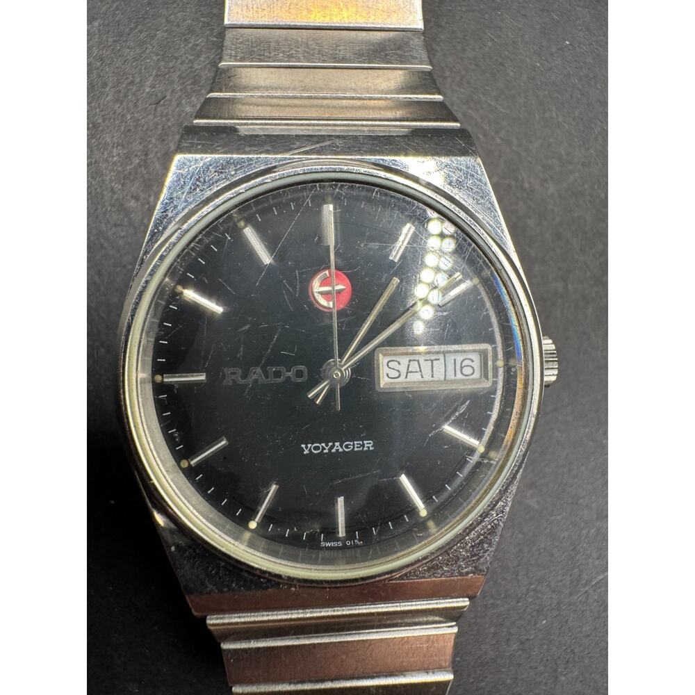 Vintage RADO VOYAGER Watch Automatic Day/Date Swiss 636.3583.4 Silver Tone